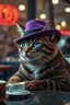 Placeholder: smiling cyberpunk cat in purple bowler hat with blue cyber eye sitting in cafe drinking coffee, photorealistic, perfect composition, cinematic shot, intricate details, hyper detail, cool color palette, muted colors, very detailed, sharp focus