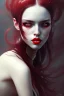 Placeholder: Woman, cute, beautiful, white eyes, red lips, black hair with bangs, goth, close up portrait by Greg Rutkowski