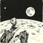 Placeholder: a alone man. pen and ink, birds eye view, illustrated by hergé, Background space and earth