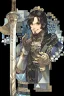 Placeholder: A handsome 30 year old knight, black hair, dark blue eyes, male bob haircut, in black-and-gold plate armor, golden katana in hands, no beard, european, portrait