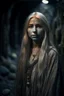 Placeholder: underground grove, with bricks and stones, portrait of Dina with pale, ethereal features with long silver hair that seems to shimmer in the moonlight. She dresses in flowing, dark-colored clothing that accentuates her mysterious aura. photo-realistic, shot on Hasselblad h6d-400c, zeiss prime lens, bokeh like f/0.8, tilt-shift lens 8k, high detail, smooth render, down-light, unreal engine 5, cinema 4d, HDR, dust effect, vivid colors, smoke