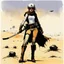 Placeholder: [art by Ralph Steadman] she smiles, ready to fight, in dust, rust and blood, her body is covered with cartridge belts, her boots are made for walking on the dunes of Tatooine