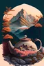 Placeholder: Cozy vibes drawing art tea pot, garden inside tea pot, mountain range in background