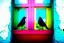 Placeholder: there are two birds sitting on a ledge next to a window, colorful mural on chipped walls, , photomanipulation, pink and yellow, diptych, eye catching composition, open window, open door, double exposure, double entendre, dramatic, dynamic, whizz dynamics, liminal vibe, amazing reflections, great contrasts, excellent verticals, perfect parallels, orange tint, socinlars vibe