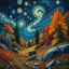 Placeholder: Autumn colors, peaceful, Egon Schiele, Max Ernst, night sky filled with galaxies and stars, rocks, trees, flowers, one-line drawing, sharp focus, 8k, deep 3d field, intricate, ornate, one million strokes. strong colors
