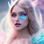 Placeholder: beautiful, soft, big smile face, whole head, long straight blonde hair blues eyes, crown on the head, clothing in transparent bluish and pink veil,fairy wings on the back, background brillante bluish and pink, hight definition, 8K