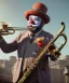 Placeholder: mechanoid old friendly fat clown with trimmed beard playing jazz with a steampunk theme, trumpet, realistic