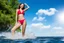 Placeholder: very beautiful model girl swimming in water wearing swim suit ,country side ,nice cloudy sky,country houses