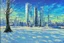 Placeholder: Sunny Day, futuristic buildings near the tree and frozen lake zone, sci-fi, impressionism painting