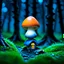 Placeholder: "Close up of a wonderful tiny Mushroom Tower home. Orange and blue with bright white, deep black and contrasting tones of gray. Illuminated bioluminescent forest. Professional painter, master at composition. small but detailed. broken, blurred background, voluminous lighting"