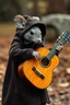 Placeholder: A mouse warring a fblack coat dressed brown coat, playing the acoustic guitar