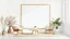 Placeholder: Frame mockup in white modern interior with rattan furniture and pampas, 3d render