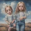 Placeholder: Surreal painting of 2 little girls, jeans, big eyes, the sky in the background