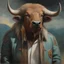 Placeholder: Búfalo humanoide con naríz de hombre, camisa y chaqueta, óleo sobre lienzo, calidad ultra