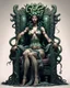 Placeholder: full-length, detailed persona, sword in hand, gorgon medusa, sitting on a throne in a relaxed pose