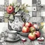 Placeholder: Watercolour and ink patchwork in the style of Jamie Heiden, Walter Crane, Yayoi Kusama, Ivan Shiskin, John Atkinson Grimshaw: zentangle cute whimsical watercolor Still life with apples on a porcelain plate and a teapot crisp quality, ultra detailed, elegant, fantastical, surreal, watercolor and pen, beautiful high definition fine 3D line art, white and grey and red dreamy colours, extremely detailed, intricate, elaborate, HDR, award winning, expressionism, fantastic view, ethereal, fantasy, unsi