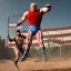 Placeholder: Realistic image of Donald trump wrestler, jump, Mexican wrestling style, eye line, red and blue breeches, glow us flag dress, suspenders, retro style, 80s, vibrant color, highly detailed, clean background, concept art, unreal engine 5, god rays, ray tracing, RTX, lumen lighting, ultra detail, volumetric lighting, 3d, finely drawn, high definition, high resolution.