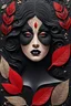 Placeholder: a detailed and abstract image featuring a dark, black stone-like background. Incorporate sand to mixed media, with colors such as bold red, soft cream, and the muted metallic hue of pewter into the design. Sprinkle the scene with delicate patterns of leaf foil, taking the shape of a woman's face. Ensure that the intricate details of the face is evident through the layering of the gold leaf. Thin pyrograph gold lines.