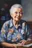 Placeholder: Oil paint on canvas, chiaroscuro, deep shadows, masterpiece, happy, 2020 caught off guard, 79-year-old Phyllis Kendall, short buzz-cut salt and pepper gray hair, overweight, blue eyes, wearing a black, floral print, short-sleeved, pull-over shirt, dark blue sweatpants, sitting at the computer checking her emails