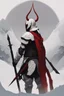 Placeholder: The character, depicted in a striking white armour against a wintry backdrop stands with his hands behind his back inside the scene, he has a red and black circular symbol on his chest like a shield, a black pointed spear with a red handle on his back, His eyes are showing a dynamic expression and he wears a black oni mask with white teeth covering the bottom part of his mouth he has brown shoulder pads and a white karate belt with a bag attached to it. He has dark brown hair. He has no helmet.