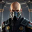 Placeholder: star wars bald male corellian jedi wearing gunmetal grey and black old republic armored flightsuit and breath mask with gold and metallic red trim inside the jedi temple, centered head and shoulders portrait, hyperdetailed, dynamic lighting, hyperdetailed background, 8k resolution, volumetric lighting, light skin, fully symmetric details