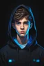 Placeholder: a portrait of programer teenagre boy with black hoody with black background decorated with blue lights