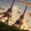 Placeholder: steam punk traffic jam in Paris 3D blender full lenght with white eiffel tower in the background and flying mushrooms in the sky by Dali