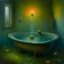 Placeholder: an oil painting of a bathtub in a foggy bathroom with fireflies and aliens