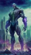 Placeholder: super villain evil alien, full body, muscular, bio-tech, destroyed city in the background