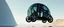 Placeholder: guy standing inside laid back futuristic sci-fi glass human form car pillar on wheels, two wheels are on the middle tipping point, one in the back and one in the front