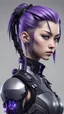 Placeholder: Young early twenties tan Scandinavian cyberpunk female with sharp features and extremely long, Junko Enoshima styled pigtails that start out as black at the scalp and transition into dark purple at the tips, with black, grey, white, and purple coloration futuristic body armor in a realistic style full body view