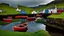 Placeholder: Painted fishermen’s boats anchored in a harbour in the Faroe Islands near a fishing village, fishermen putting fishing nets on their boats, peaceful, calm sea, early morning, sunrise, houses have turf (grass) roofs, beautiful romantic photograph, excellent composition, atmospheric, realistic