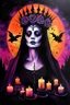 Placeholder: a woman wearing a thorny crown of black roses and weeping black tears, Halloween, bats, full moon in a nebula sky, neon spray paint, acrylic paint, fantastical surrealist world, in the style of Stephen Gammell, extremely detailed Zentangle style, sick, gothic, eldritch, candles, neon grape purple, dayglo orange, chartreuse green, Halloween