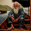 Placeholder: Detailed hyperrealistic drawing on matte antique vellum paper of a tall and thin elderly fisherman in the sixties with long curly white hair and a short white beard leaning on a wooden Malconsia boat in a fishing harbor in the Faroe Islands smoking a pipe. She wears blue denim overalls, open sandals, and a red and black plaid shirt, fishing net at her feet, sunset time, rainy day, dramatic atmosphere, attractive light colors, oil colors, water colors, saturated pastel