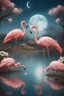 Placeholder: Bosch painting style nightmare, a pair of flamingos in a lake with long white flowers trees and the moon in the background behind them , high quality, beautiful scene and 8k ,