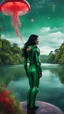 Placeholder: Photorealistic Photo Of A long black-haired woman in a green robot suit, Looking Out Over A Lake With jellyfish with red Tentacles, Tall Narrow Cloud Trees In The distance with an alien sky