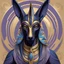 Placeholder: Anubis with black dull-purple gold and dull-blue palette in vorticism art style