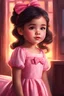 Placeholder: Digital painting of a cute little girl in a pink dress, front view, Agnes face, dark hair, bow on her head, glowing eyes, rosy cheeks, red lips, sunset, light from behind, cozy room in the background, Disney art, digital painting style, High Quality, 4k