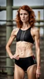 Placeholder: beautiful anorexic woman, standing, short triathlon swimsuit, medium length wavy haircut, photographed by sports illustrated, red hair, industrial background