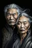 Placeholder: a photo of an Asian man and woman with ethnic jewelry, grey hair and grey flowing robe, in style of Annie Leibovitz, contemporary portrait of a mature yet beautiful and modernist, black and grey, detailed face, swirling fluid smokey enigma, award-winning artwork