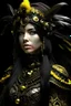 Placeholder: Beautiful young faced girl voidcore metallic filigree steampunk shamanism black khimera portrait textured feathers ribbed with voidcore style mineral stone ribbed headdress, black pearls i, white crystals n the long black hair, textured fur pattern embossed art nouveau black and yellow khimera costume extremelmly detailed intricate 8 k organic bio spinal ribbed detail of floral embossed voidcore decadent khimera like background resolution epic cinematic maximálist concept art