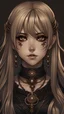 Placeholder: Realistic anime art style. A tall hazel eyed goth-dressed royal woman. Her long blonde hair is hanging in choppy layers. Dark kohl lines her eyes and a golden head chain, sits atop the thickness of her hair. Her eyes are marked with matte bronze eyeshadow and her eyelashes enhanced with black mascara.