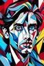 Placeholder: black bold outline, a handsome man with dark hair, blue eye, maroon lips, in saree designed in style of cubism, realistic, pop art style