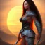 Placeholder: black long hairs lady warrior top under sunset