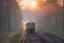 Placeholder: a passenger train emergency braking; polish train; woodlands, sunrise;