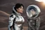 Placeholder: Photo of a Sci-fi woman, with black hair, wearing a silver and black spacesuit looking like an android, on an alien planet