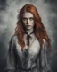 Placeholder: style women eye candy ginger hair vampire Raven. sullen, unhappy expression, sour. Hate. Distrust. Seeping shadows like smoke come out gray a. Full body. Arms down at her sides women adult. Nineteen. psychology erect subject is a beautiful long, long ginger hair female in a style women eye candy