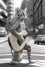 Placeholder: One single mature light cat, friendly, playing guitar in the street, sunny day, model style, hyper realistic, extremely accurate, delicate, extremely detailed, Graphic novel style, wide-angle, open aperture, superfine pencil