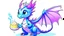 Placeholder: cartoon illustration: a cute ice dragon with big shiny eyes and two purple crystal wings. The dragon is flying.. the dragon is eating a cake