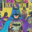 Placeholder: A 1980 medieval comic cover of batman cosplay convention, holographic theme.